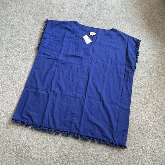 Tuckernuck Other - Tuckernuck Short Caftan in Blue with Pom Pom Trim Beach CoverUp NWOT SMALL C1336